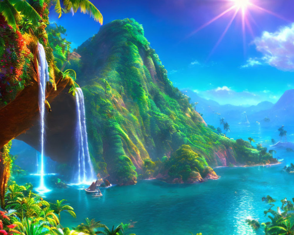 Vibrant tropical landscape with green cliff, waterfalls, lagoon, and boat