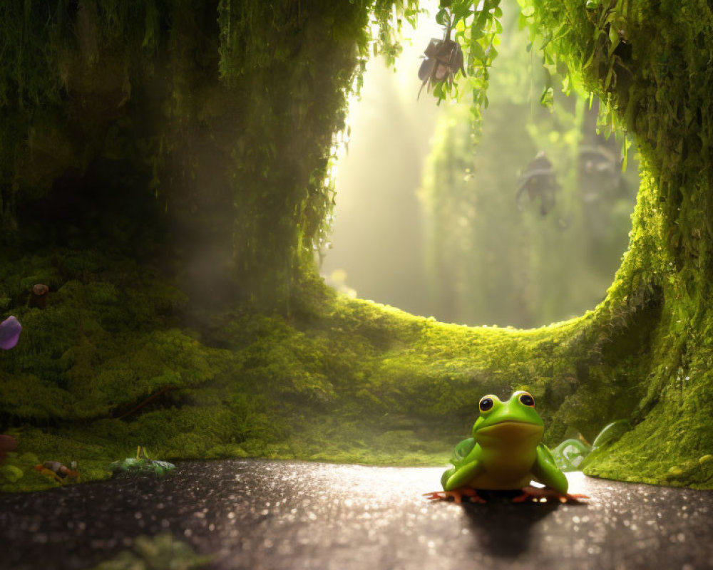 Green frog on mossy ground in sunlit forest clearing with hanging moss and butterflies.