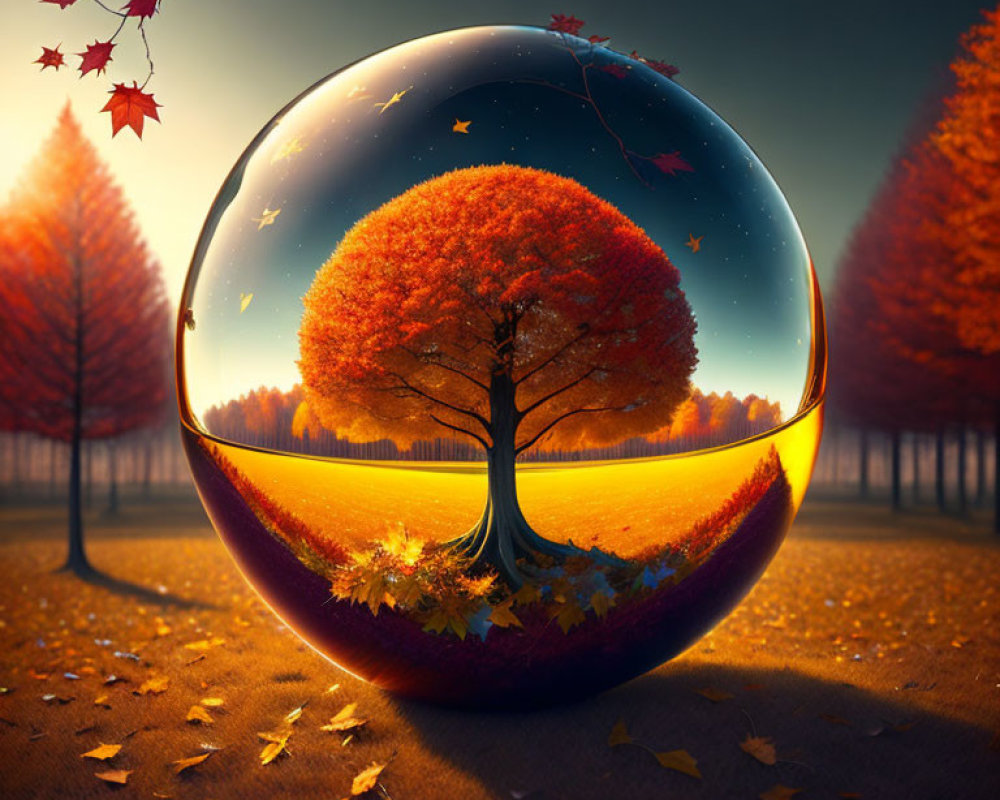 Surreal autumn forest with vibrant tree and crystal ball reflecting sunset