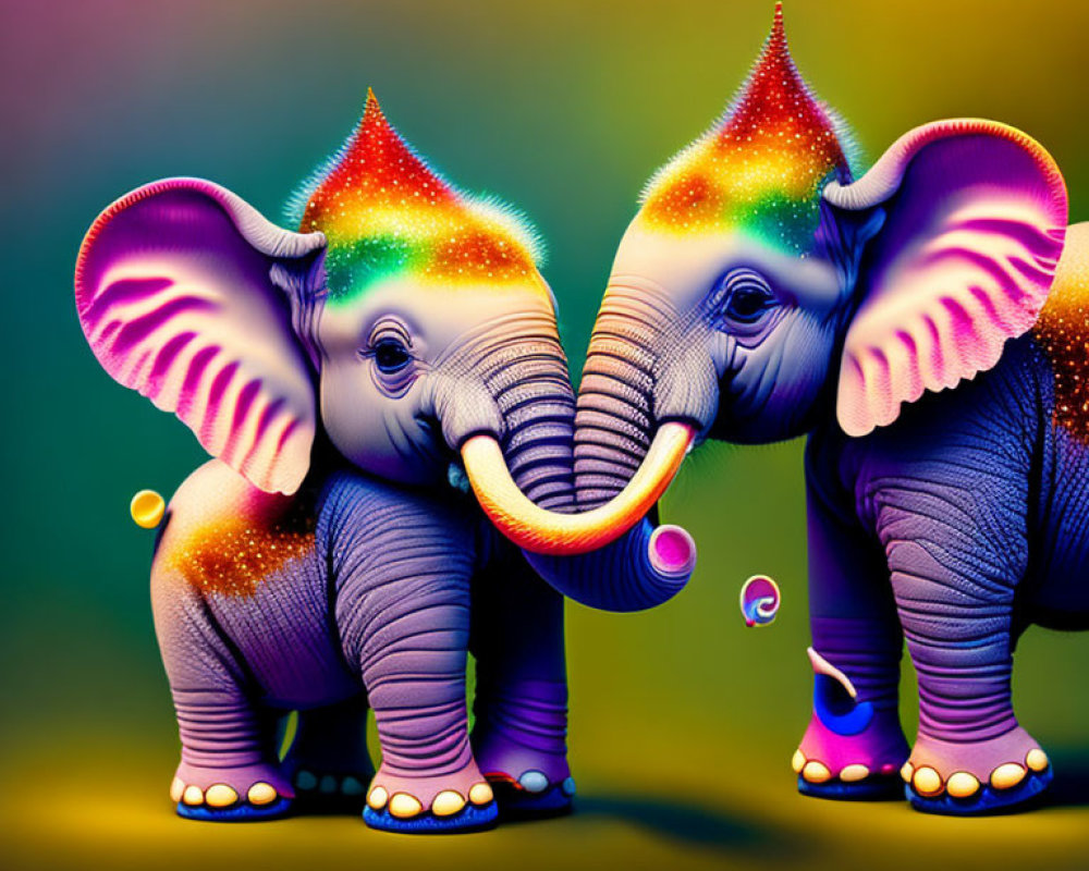 Colorful Stylized Elephants in Rainbow Hues on Gradient Background