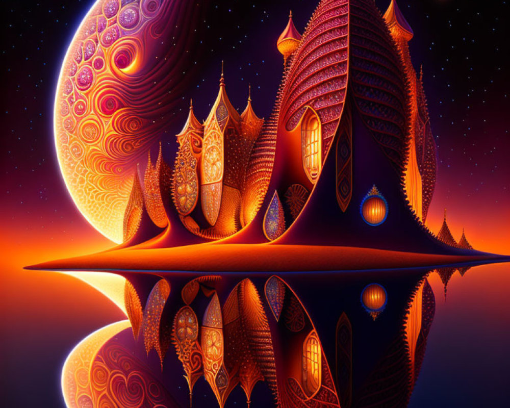 Detailed digital artwork of ornate fantasy structures reflected in water at night