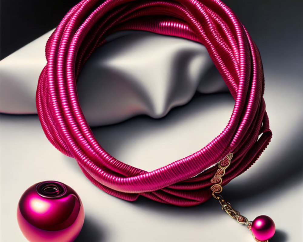 Pink coiled necklace with metallic sheen and ornate gold clasp beside pink bead on white surface