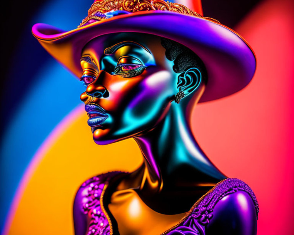 Colorful digital artwork: Woman with metallic skin, stylish hat, and intricate garment