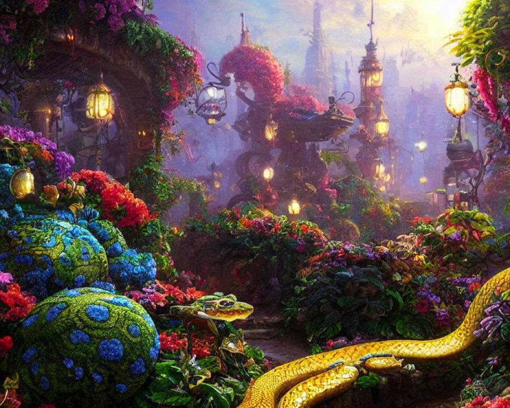 Vibrant magical garden at dusk with glowing lanterns and golden path.