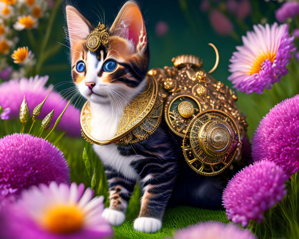 Tabby kitten with gold-plated harness in purple flower field