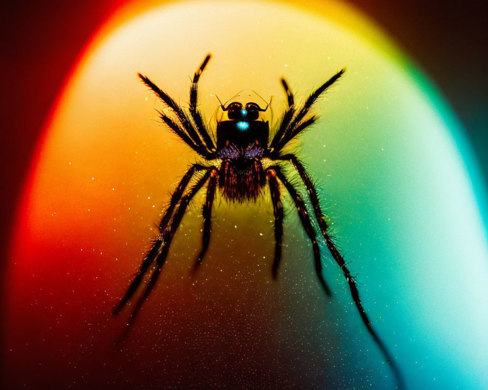 Spider silhouette against red-blue gradient background with furry body.