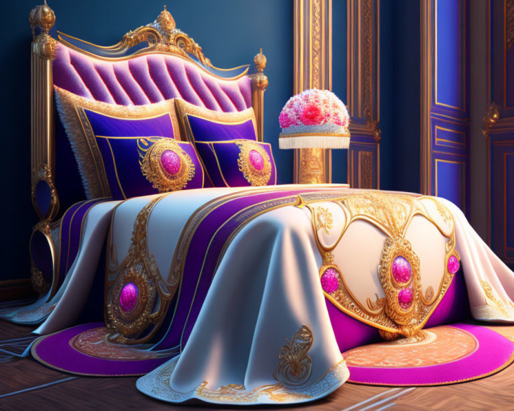 Luxurious Royal Bedroom with Purple & Gold Throne Bed and Elaborate Cake Table