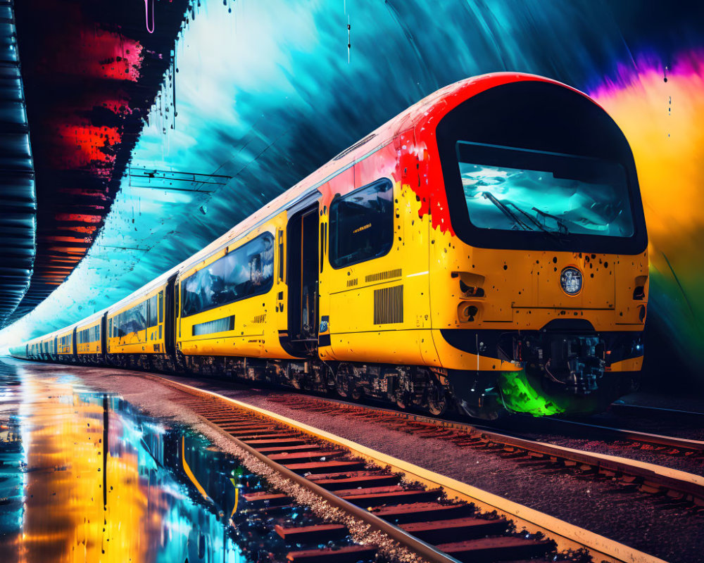 Colorful train in tunnel with dynamic light effects and wet floor