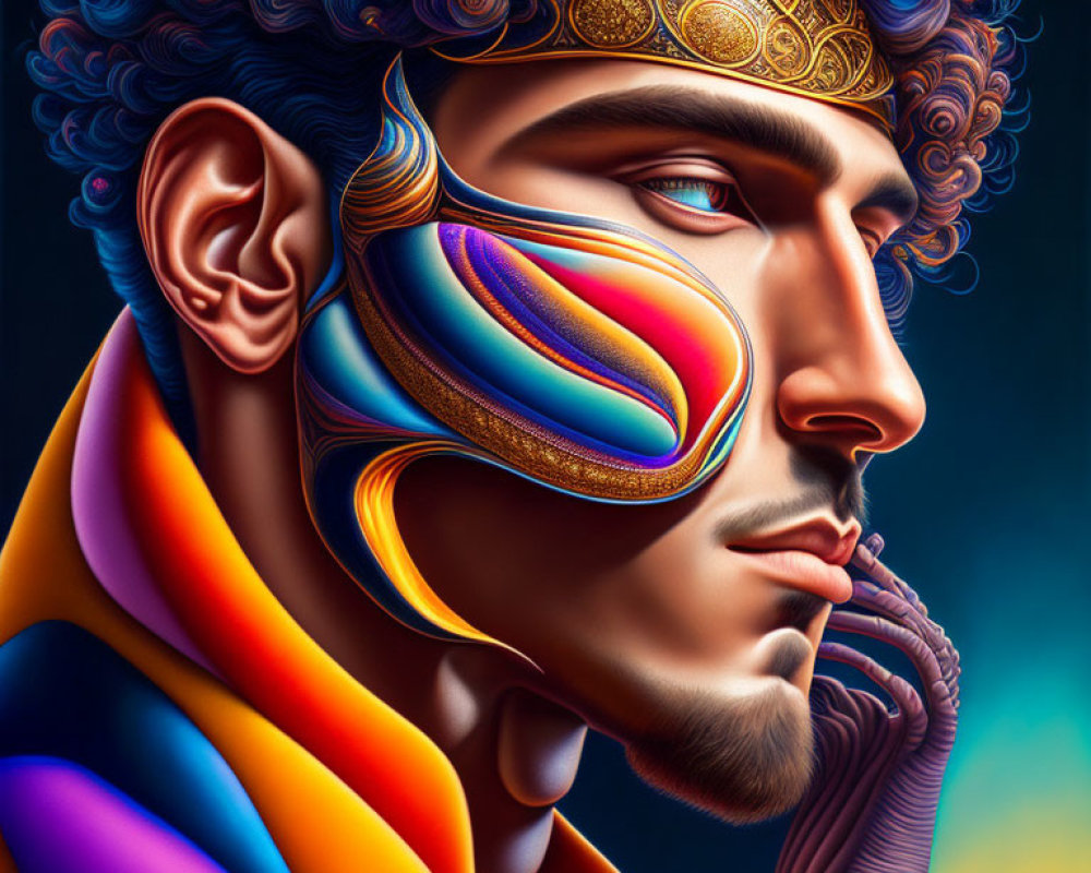 Colorful digital portrait: stylized man with golden crown and multicolored mask