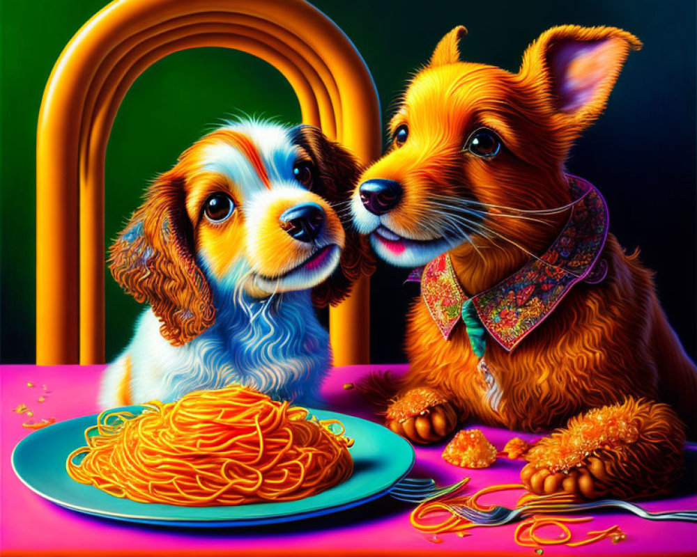 Colorful dogs enjoying spaghetti at a table