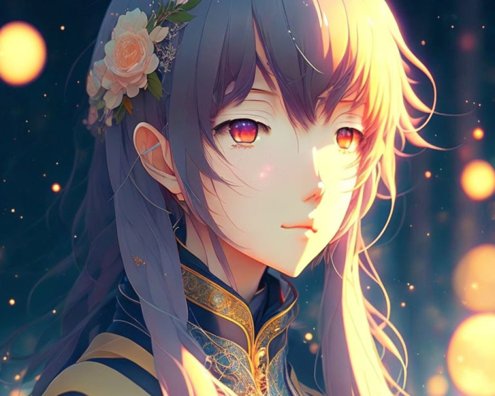 Illustrated portrait of character with violet hair and golden eyes, adorned with flowers on dark, sparkling background