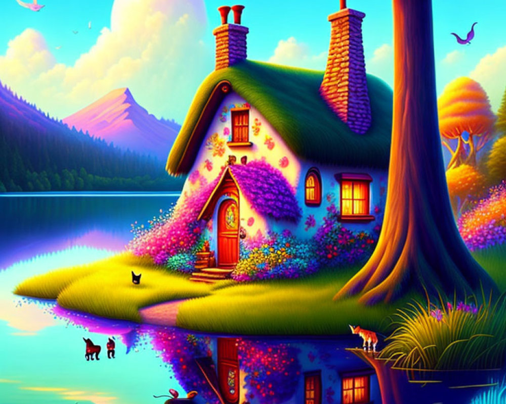 Vibrant cottage by lake at twilight with glowing moon and colorful flora