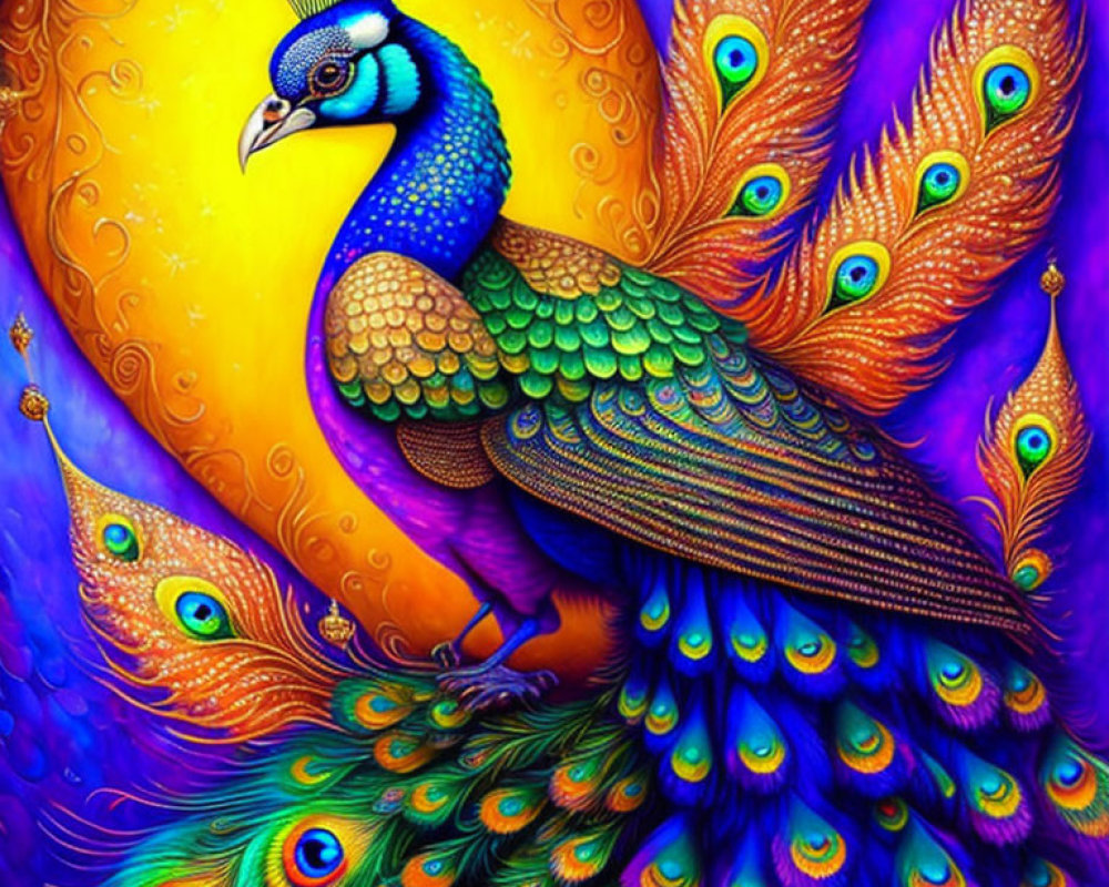 Colorful Peacock Illustration on Orange and Purple Background