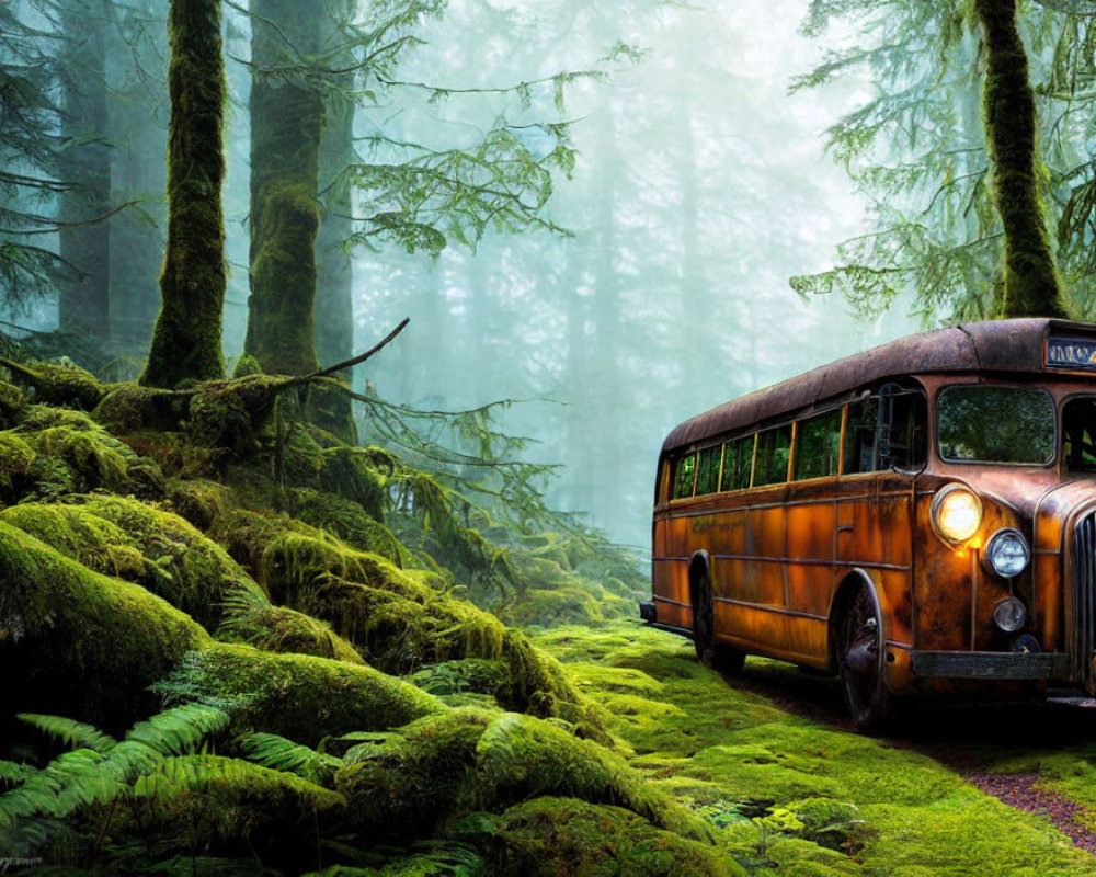 Abandoned rusty bus in misty forest with green moss and ferns