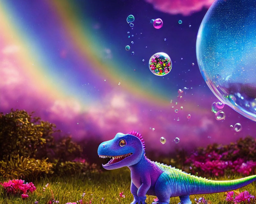 Colorful Cartoon Dinosaur Surrounded by Flowers and Rainbow