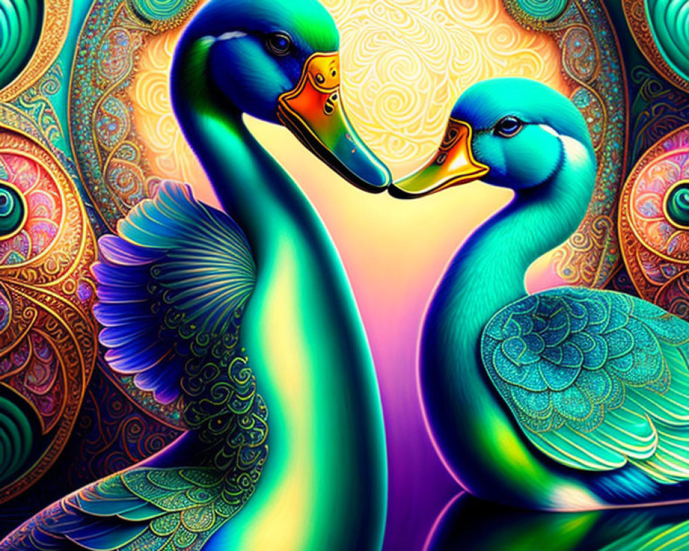 Colorful digital artwork featuring two stylized swans with intricate feather patterns on an ornate background.