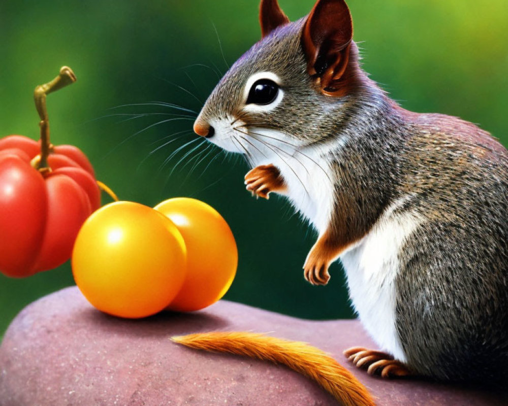 Detailed Illustration: Cute squirrel with cherry tomatoes on rock