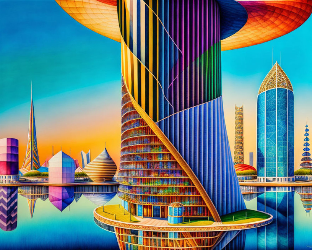 Vibrant futuristic cityscape with spiral structure and reflective skyscrapers