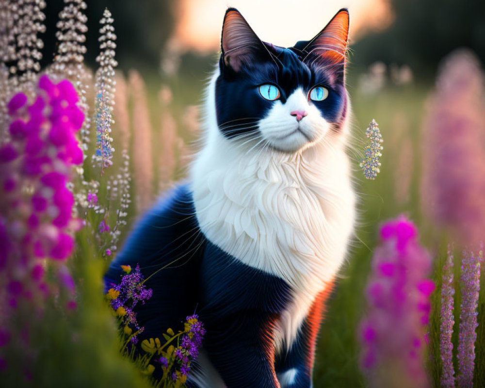 Black and White Cat with Blue Eyes in Purple Flower Field at Sunset