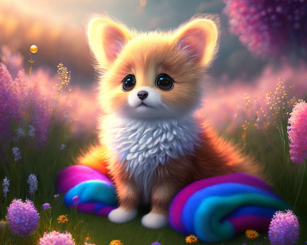 Fluffy orange kitten in fantasy meadow at sunset