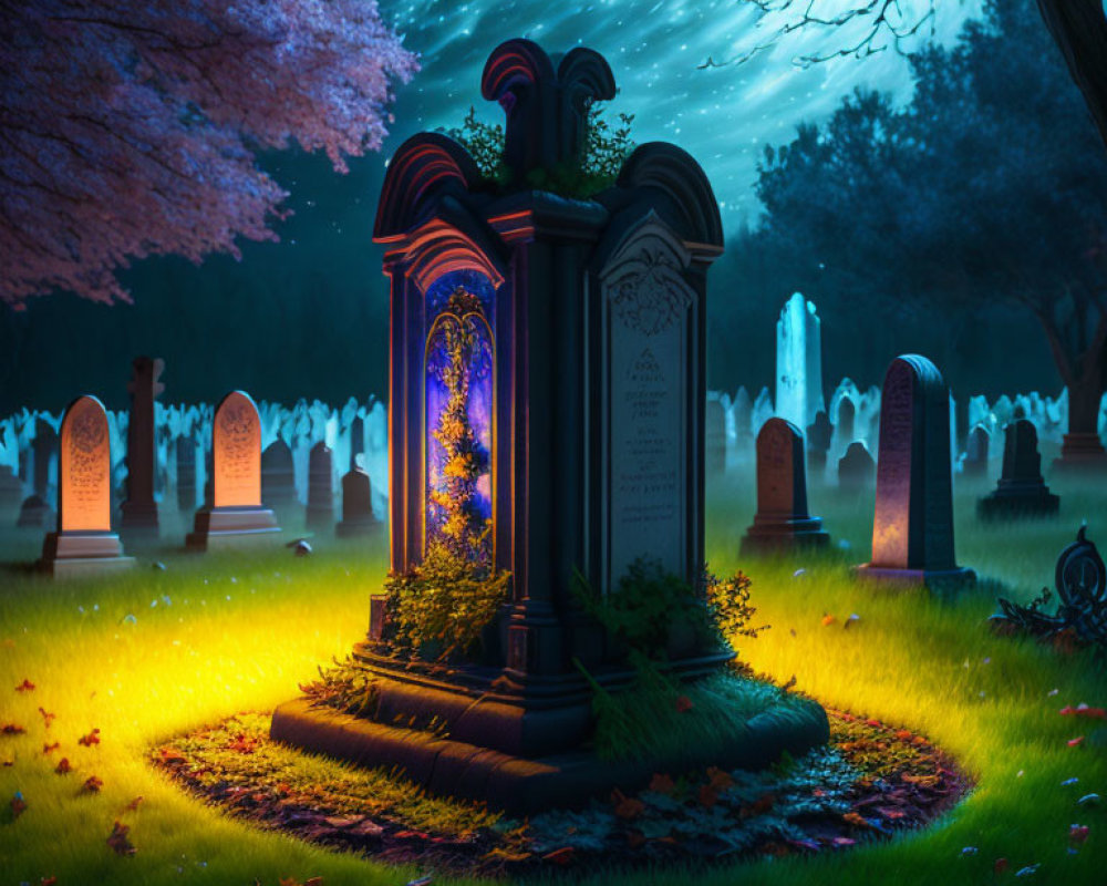 Mystical graveyard scene with illuminated tombstone and glowing flora at night