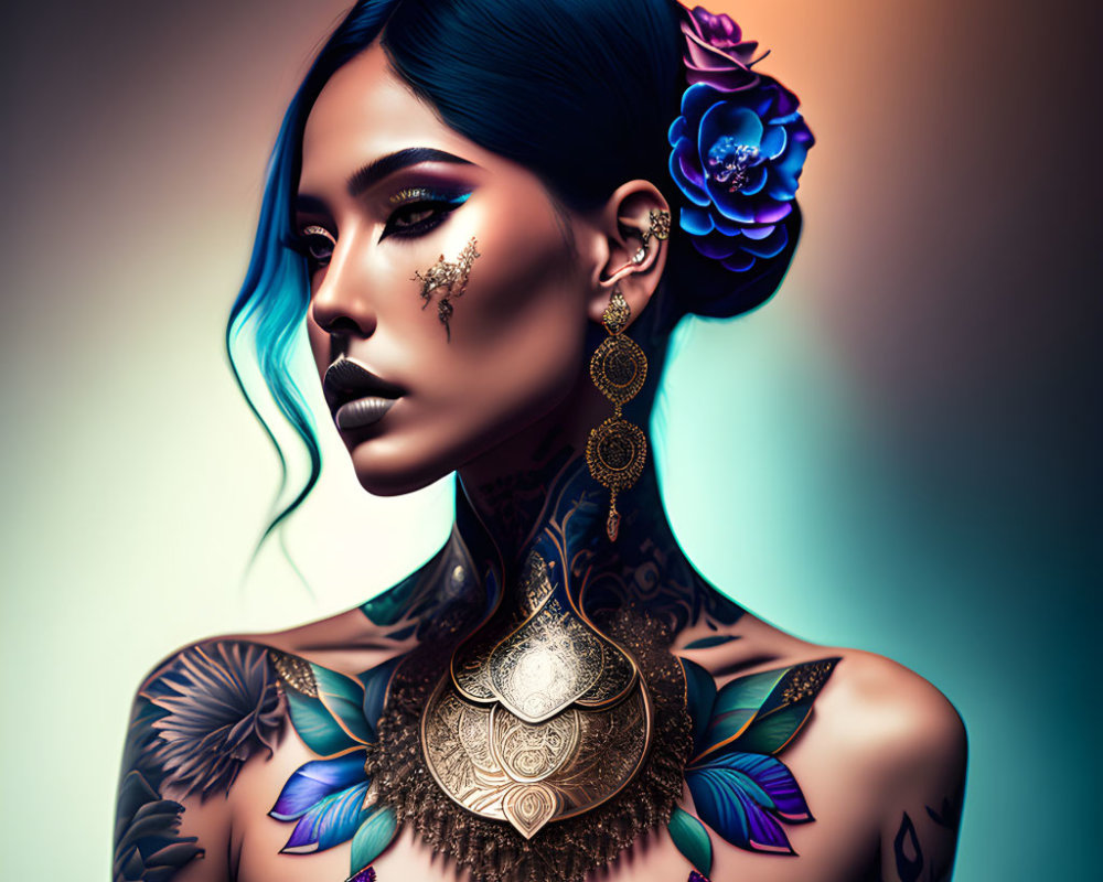 Blue-skinned woman with elaborate tattoos and ornate necklace in mystical illustration