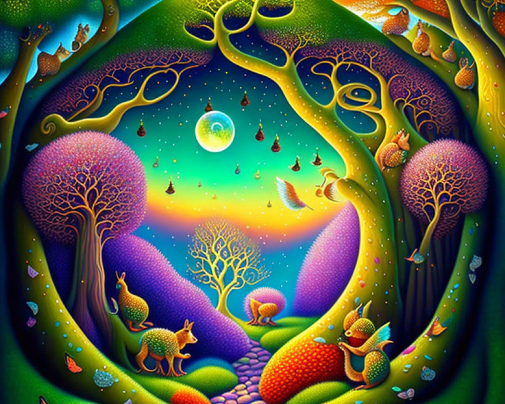 Colorful whimsical painting of a magical forest night scene