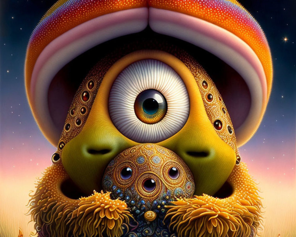 Vibrant surreal creature with central eye and ornate patterns