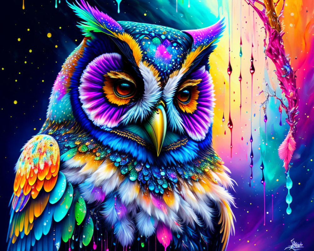 Colorful Owl Illustration with Psychedelic Background