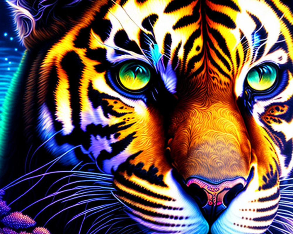 Colorful Tiger Face Artwork with Green Eyes and Neon Stripes