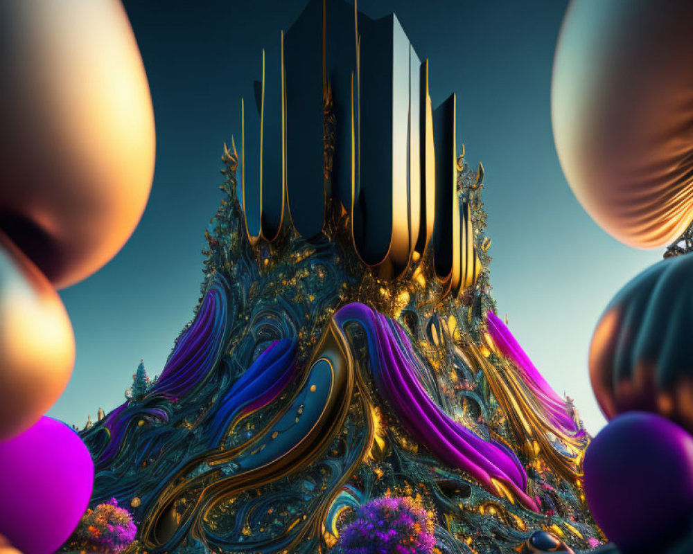 Colorful 3D fractal landscape with metallic structures and swirling blue and purple shapes