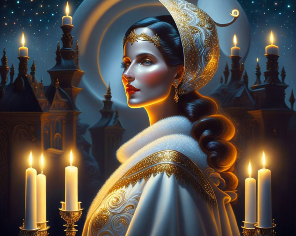 Fantasy-themed artwork of elegant woman with crescent moon headpiece, surrounded by candles and starry