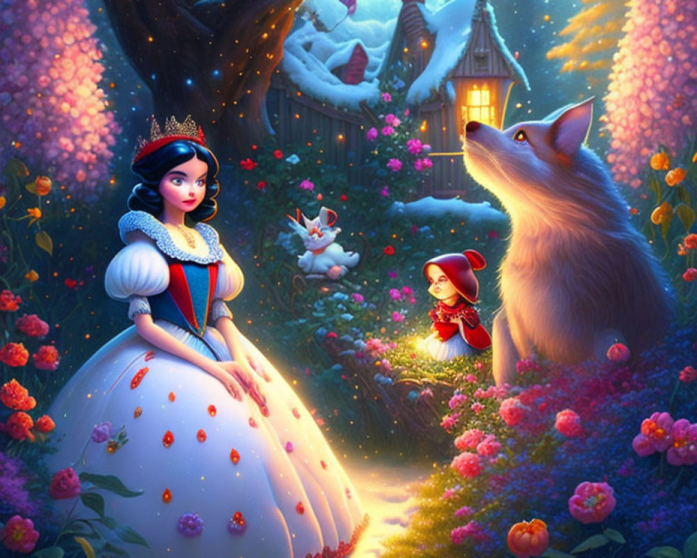 Princess, wolf, rabbit, and red hood in magical forest scene