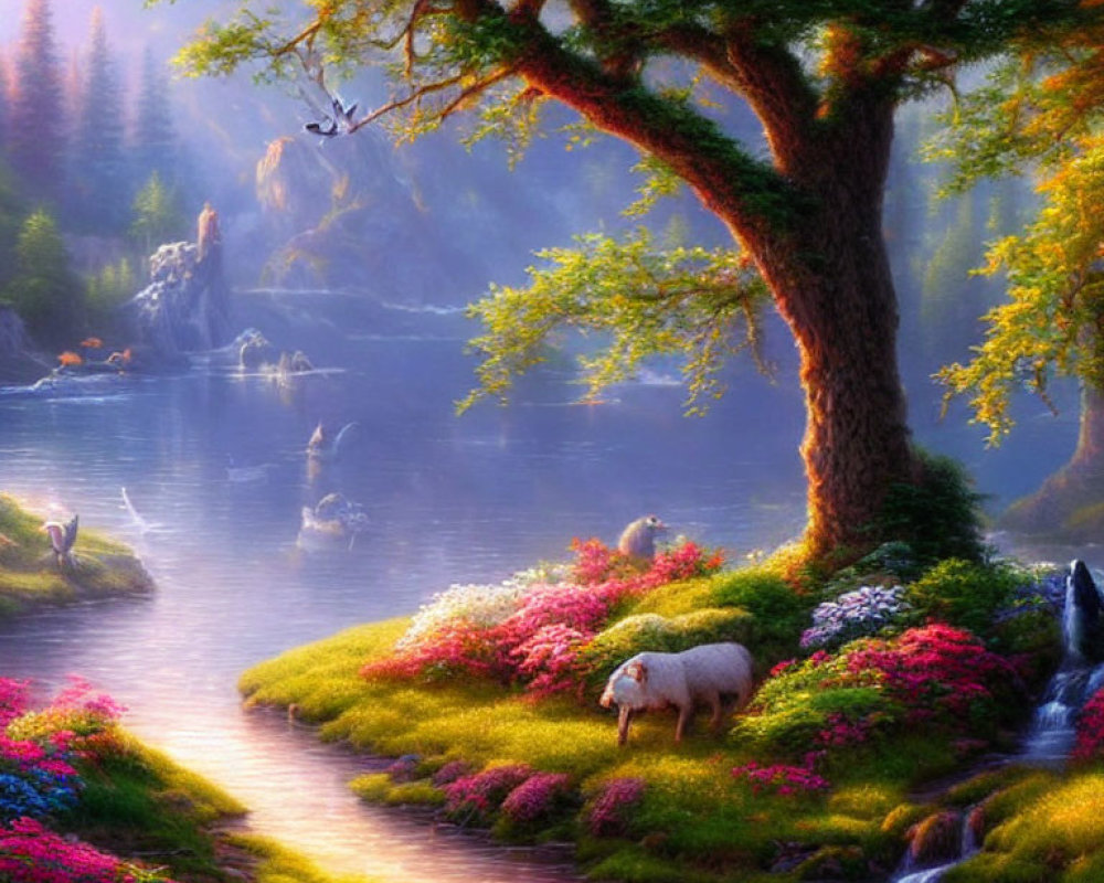 Tranquil fantasy landscape with sheep, stream, flowers, sun rays, and swans