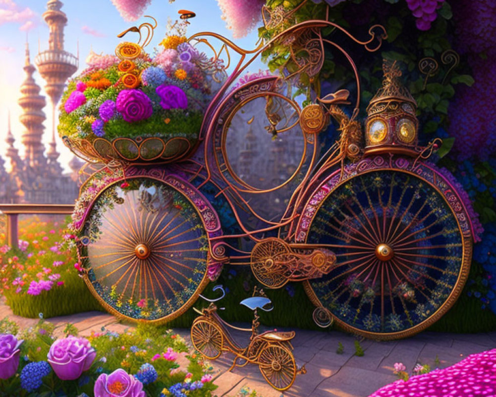 Fantasy-style bicycle with flower baskets in magical garden