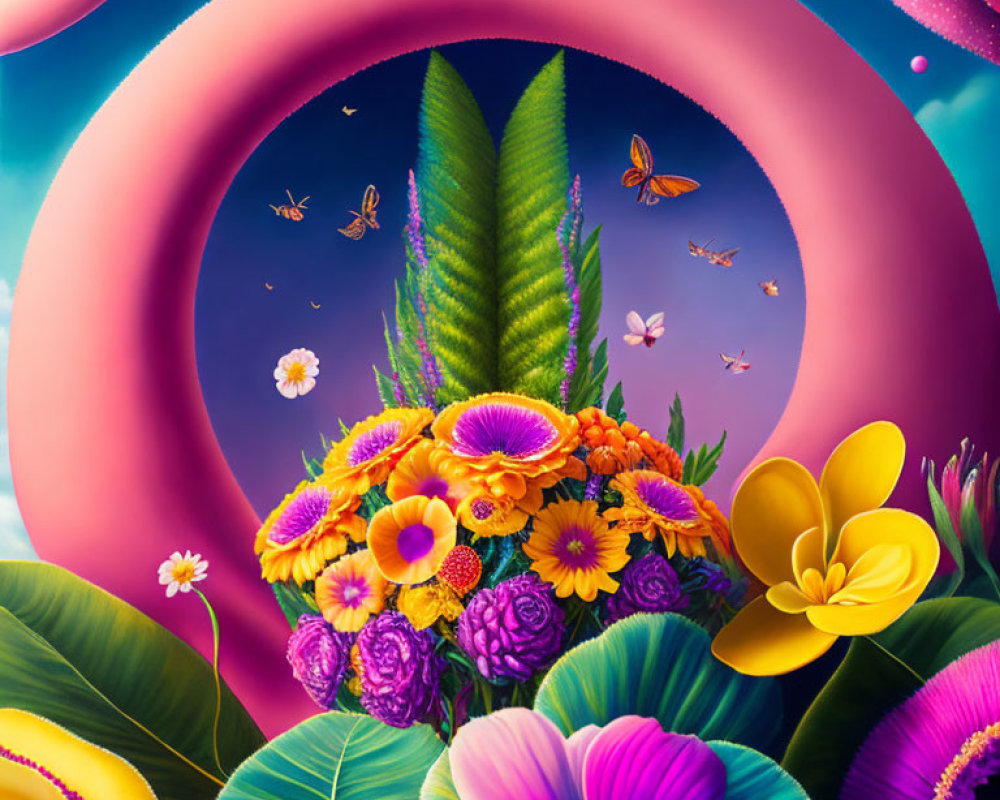 Colorful flowers, butterflies, pink ring, and cosmic backdrop in vibrant digital artwork