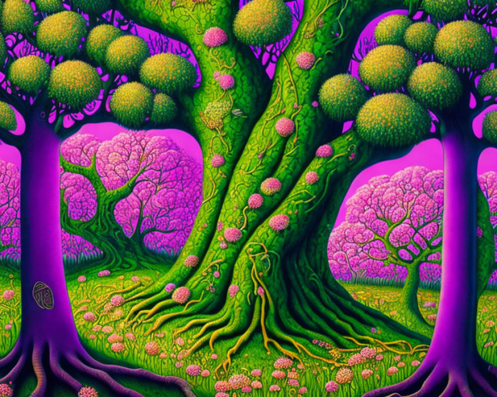 Colorful Psychedelic Tree Artwork on Pink and Purple Background