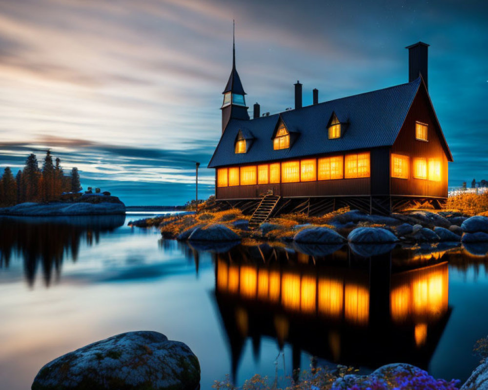 Stilt house by water at twilight with glowing windows, surrounded by rocks and purple flowers under starry