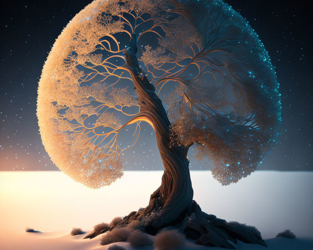 Mystical tree with luminous canopy under starry sky