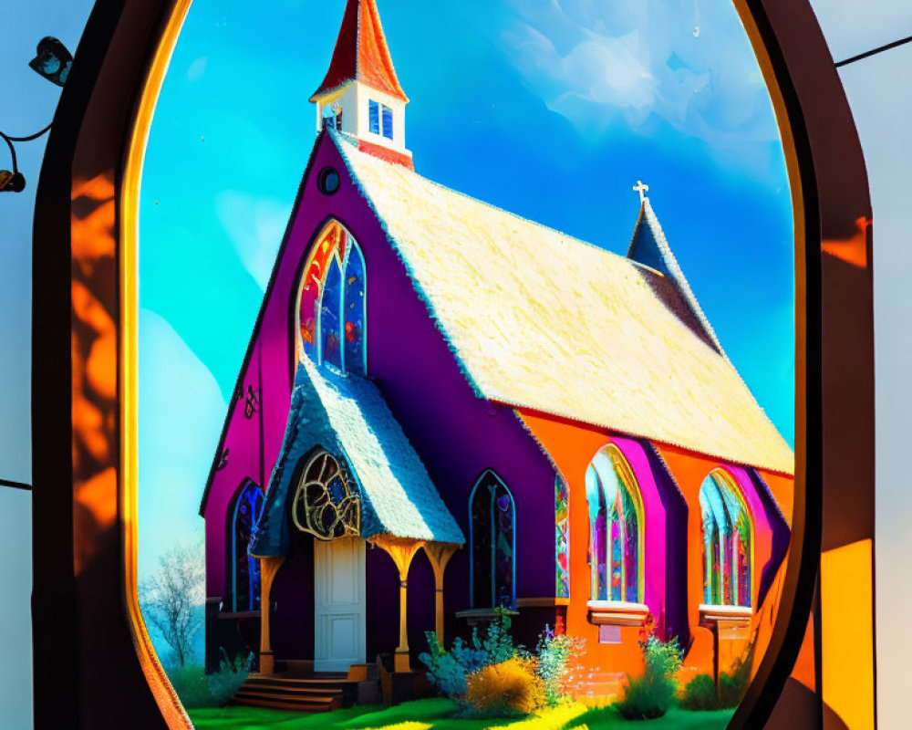 Vivid Stained Glass Windows in Colorful Church Scene