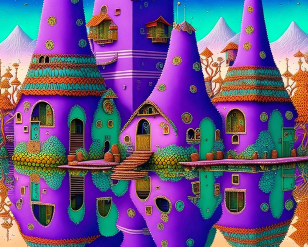 Vibrant purple towers with windows and doors in fantasy landscape