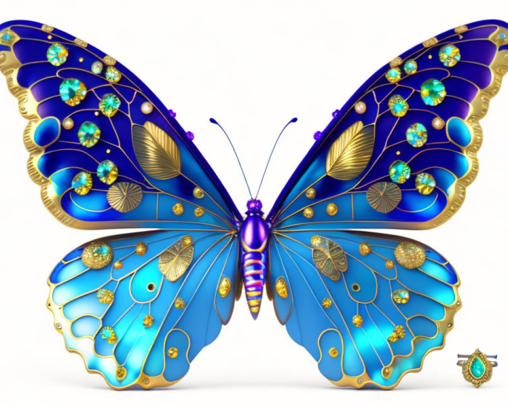 Colorful Butterfly Artwork with Blue and Gold Wings and Jewels