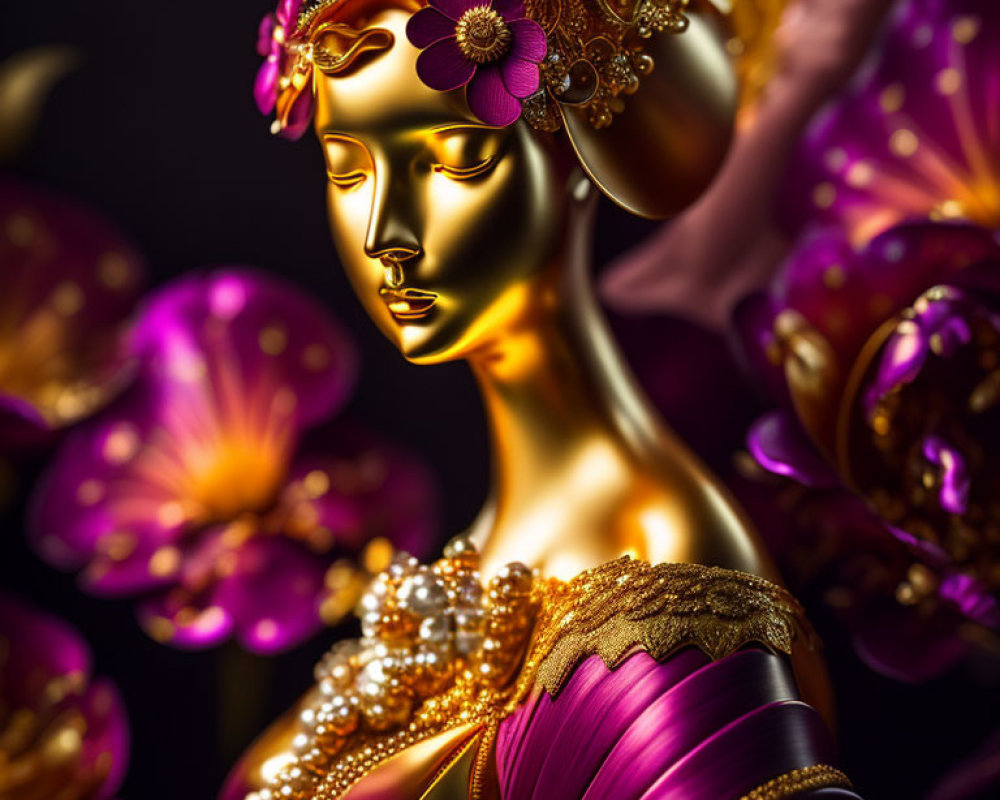 Golden Figure Wearing Floral Crown and Magenta Garment on Dark Background