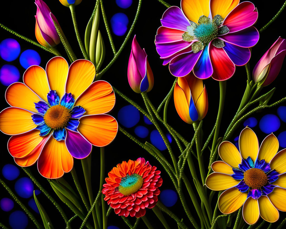 Colorful flowers in orange, yellow, pink hues on dark background with blue orbs