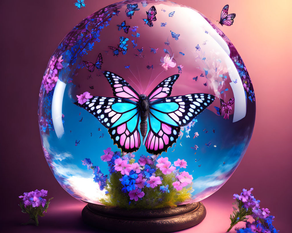 Colorful Glass Globe with Purple Flowers and Butterflies on Pink Background