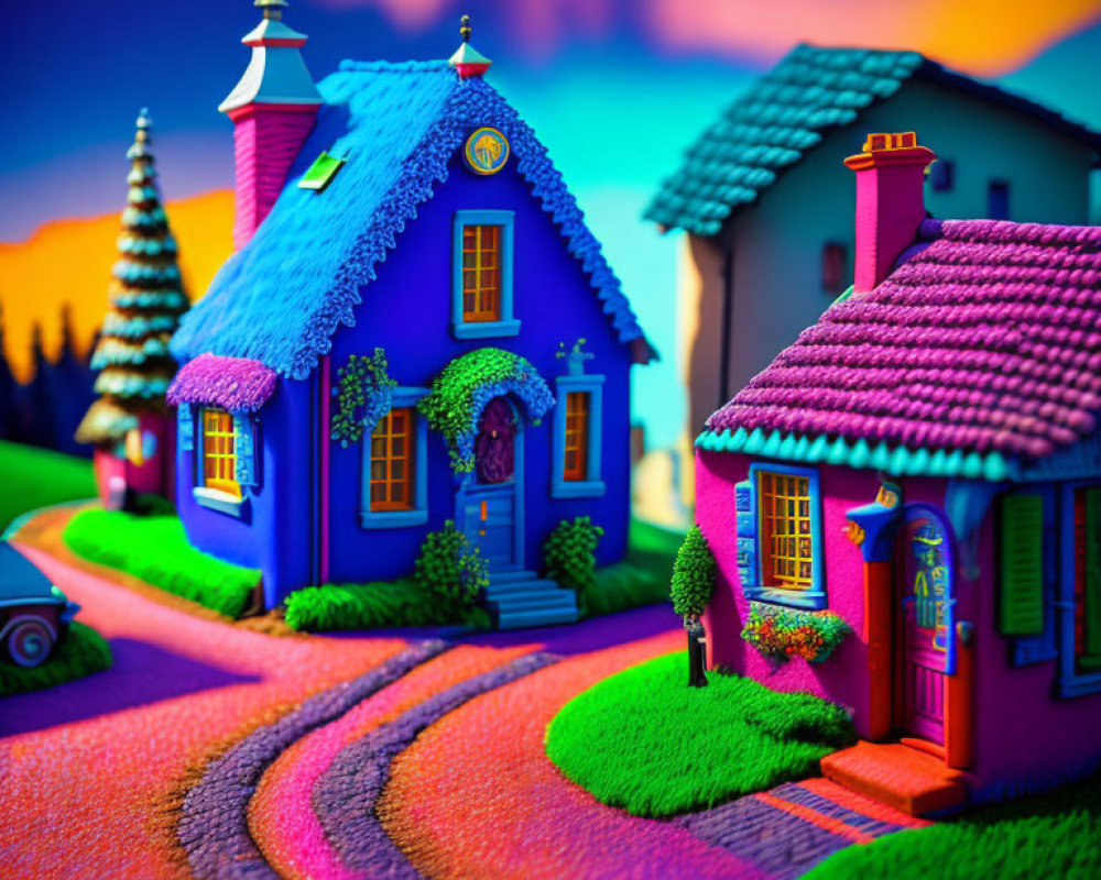 Colorful Miniature Scene of Whimsical Houses and Hedges at Sunset