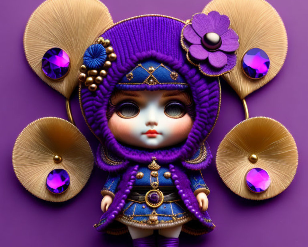 Elaborately Decorated Doll in Purple Outfit with Gold Accents