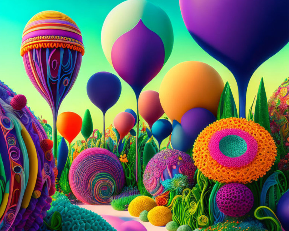 Fantasy landscape with whimsical flora and balloon-like structures