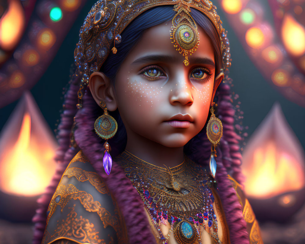 Intricate jewelry and traditional attire on a digital art portrait