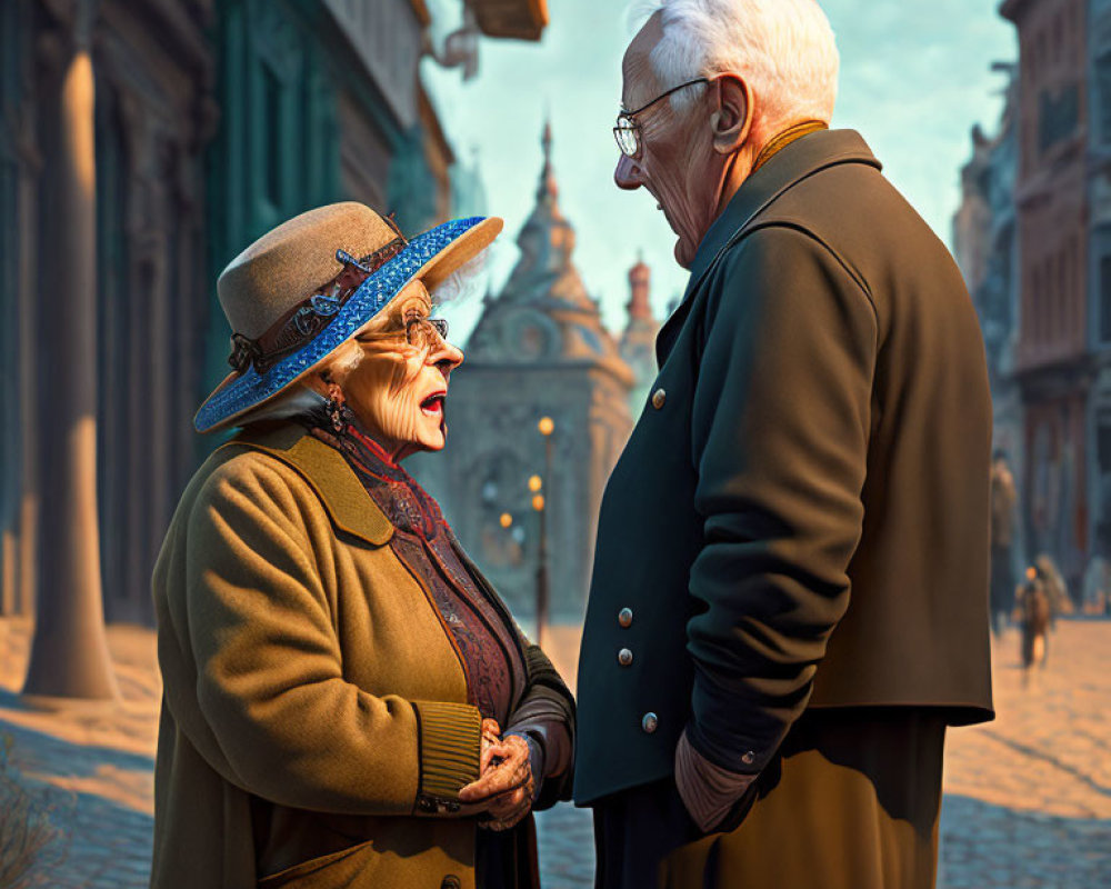 Elderly couple holding hands in charming historical street